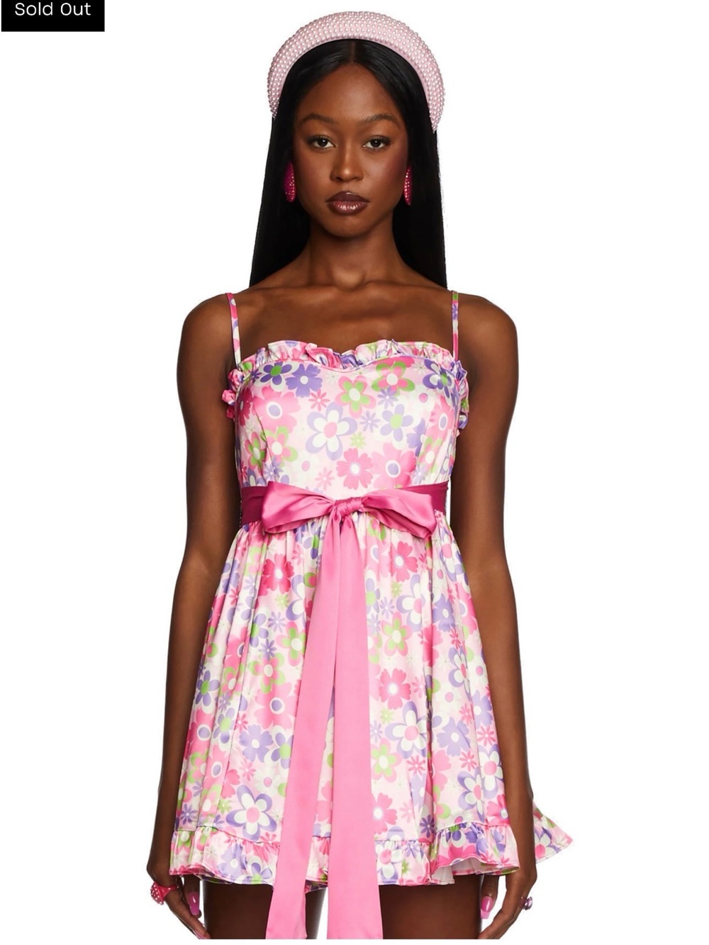 Pink Floral Dress with Satin Tie